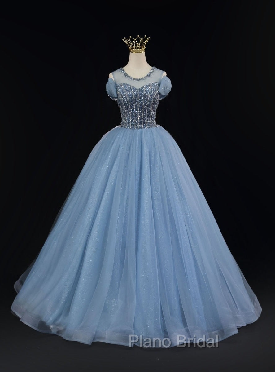 Blue Tulle Backless Beading Bow Formal Prom Dresses Main image