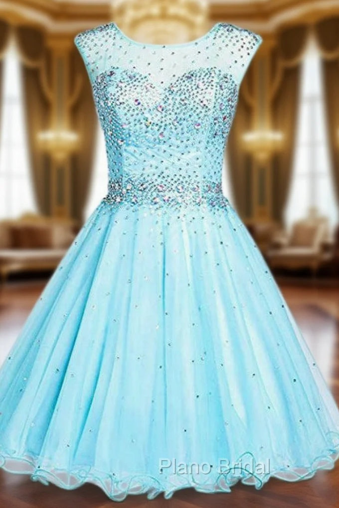 Blue Tulle Backless Beading Crystal Short Homecoming Party Dresses Main image