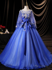 Blue Tulle Backless Sequins Appliques Quinceanera Dress