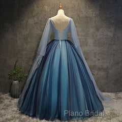 Blue Tulle Ball Gown Long Sweet 16 Dresses With Lace Applique, Formal Prom Dresses