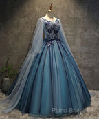 Blue Tulle Ball Gown Long Sweet 16 Dresses With Lace Applique, Formal Prom Dresses