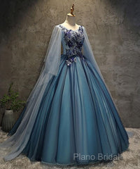 Blue Tulle Ball Gown Long Sweet 16 Dresses With Lace Applique, Formal Prom Dresses