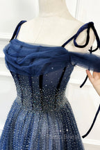 Blue Tulle Beaded Long A-Line Formal Prom Dresses, Blue Spaghetti Straps Evening Dresses