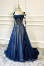 Blue Tulle Beaded Long A-Line Formal Prom Dresses, Blue Spaghetti Straps Evening Dresses