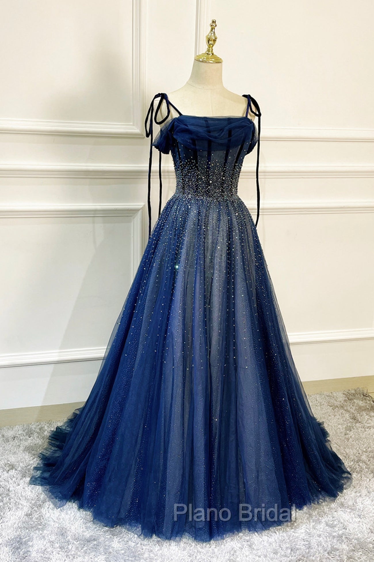 Blue Tulle Beaded Long A-Line Formal Prom Dresses, Blue Spaghetti Straps Evening Dresses Main image
