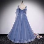 Blue Tulle Beaded Long Formal Dresses Party Dresses, A-line Wedding Party Dresses