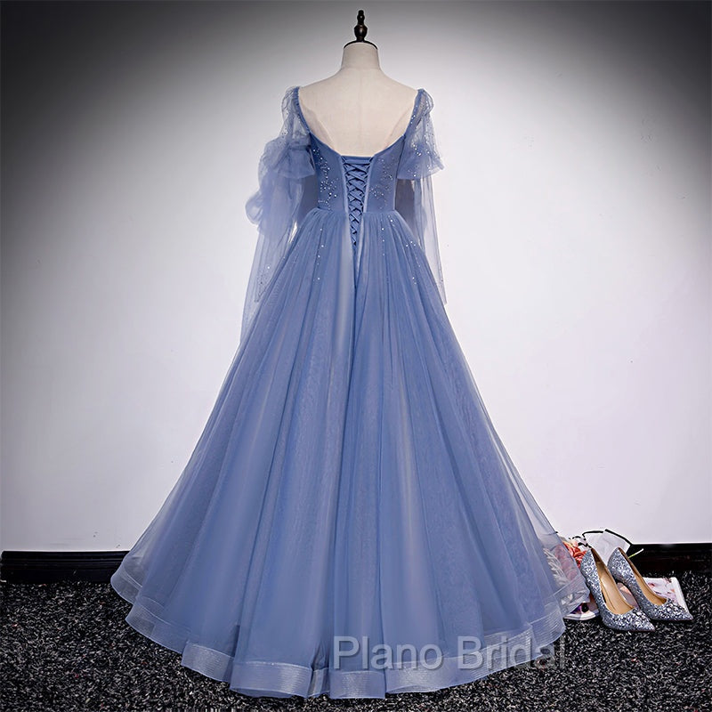 Blue Tulle Beaded Long Formal Dresses Party Dresses, A-line Wedding Party Dresses
