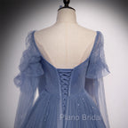 Blue Tulle Beaded Long Formal Dresses Party Dresses, A-line Wedding Party Dresses