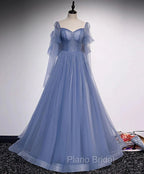 Blue Tulle Beaded Long Formal Dresses Party Dresses, A-line Wedding Party Dresses