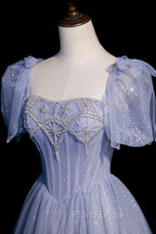 Blue Tulle Beaded Long Formal Prom Dresses, A-Line Blue Evening Party Dresses