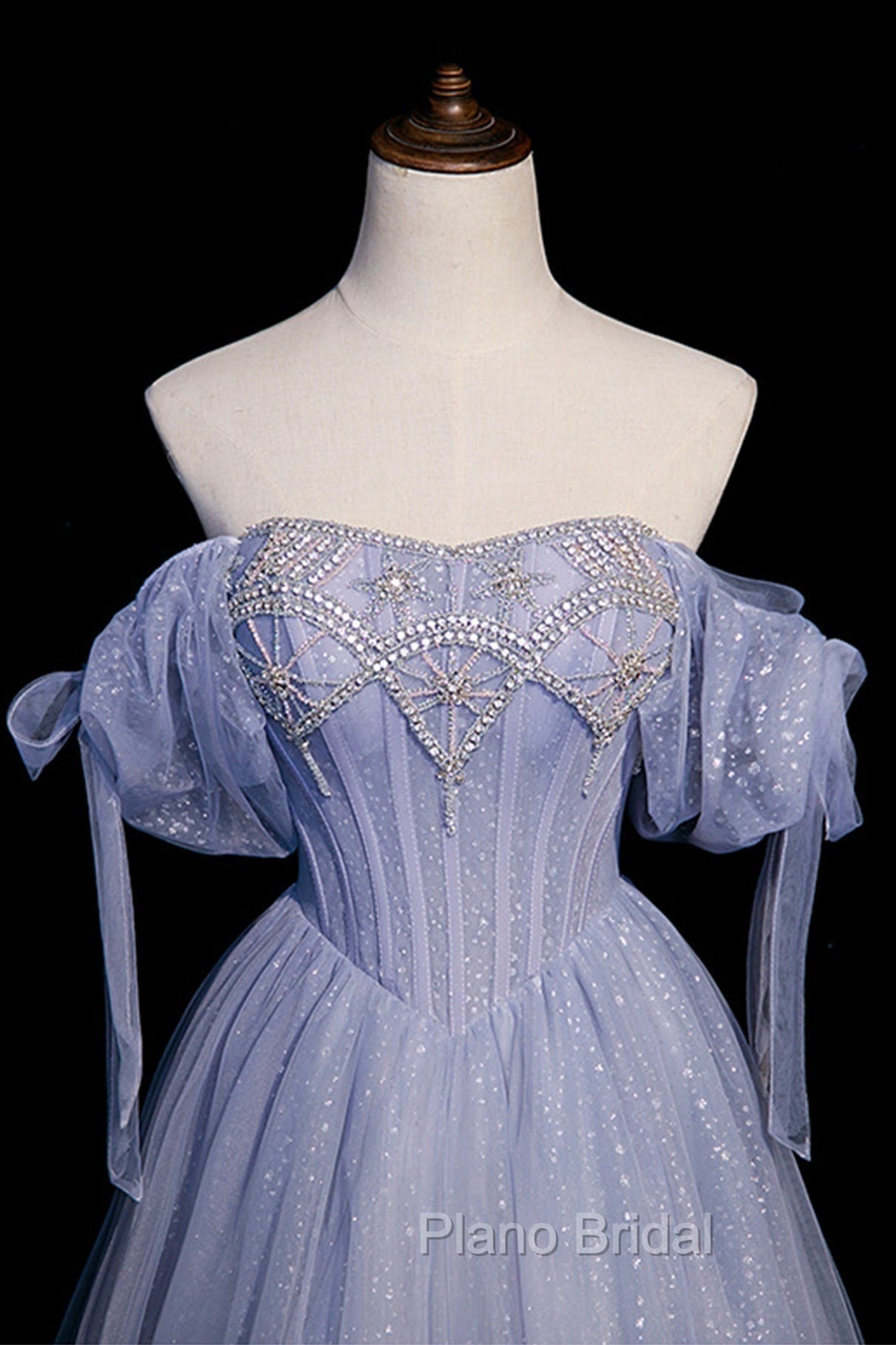 Blue Tulle Beaded Long Formal Prom Dresses, A-Line Blue Evening Party Dresses