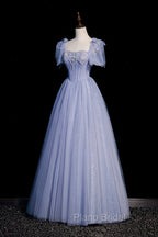 Blue Tulle Beaded Long Formal Prom Dresses, A-Line Blue Evening Party Dresses