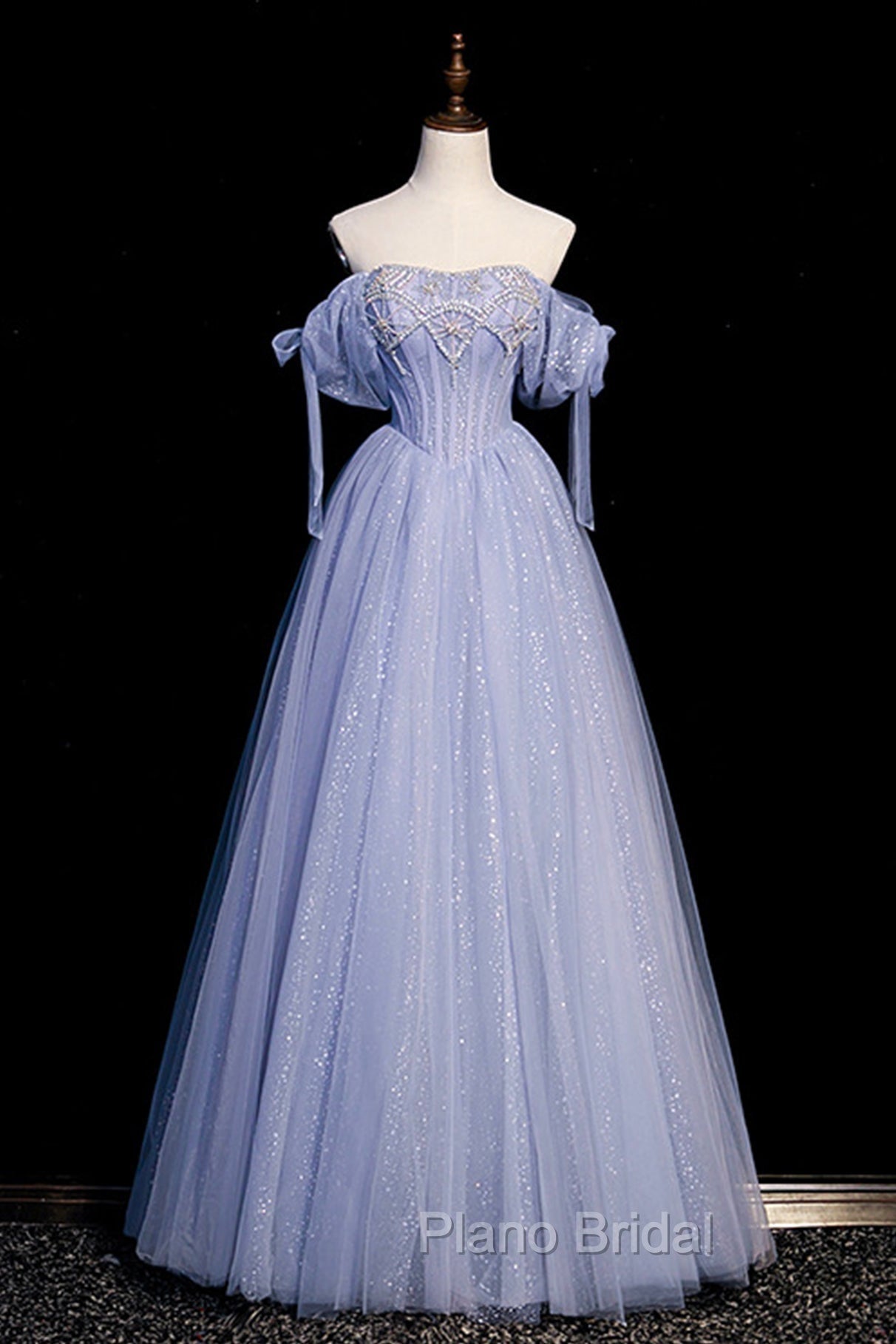 Blue Tulle Beaded Long Formal Prom Dresses, A-Line Blue Evening Party Dresses Secondary image