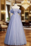 Blue Tulle Beaded Long Formal Prom Dresses, A-Line Blue Evening Party Dresses
