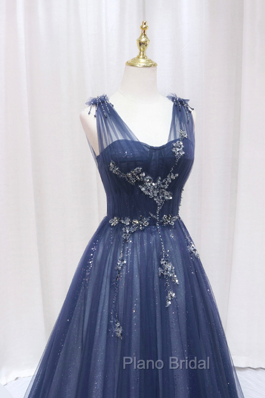 Blue Tulle Beaded Long Formal Prom Dresses, Blue A-Line Evening Party Dresses