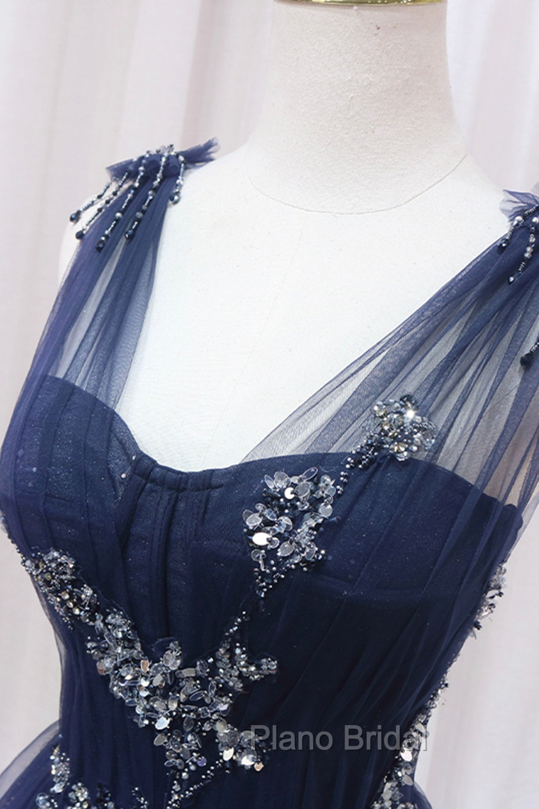 Blue Tulle Beaded Long Formal Prom Dresses, Blue A-Line Evening Party Dresses