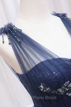 Blue Tulle Beaded Long Formal Prom Dresses, Blue A-Line Evening Party Dresses