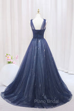 Blue Tulle Beaded Long Formal Prom Dresses, Blue A-Line Evening Party Dresses