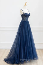 Blue Tulle Beaded Long Formal Prom Dresses Formal Dresses