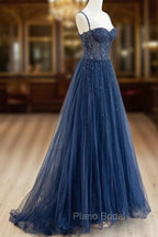 Blue Tulle Beaded Long Formal Prom Dresses Formal Dresses, Blue Evening Dresses