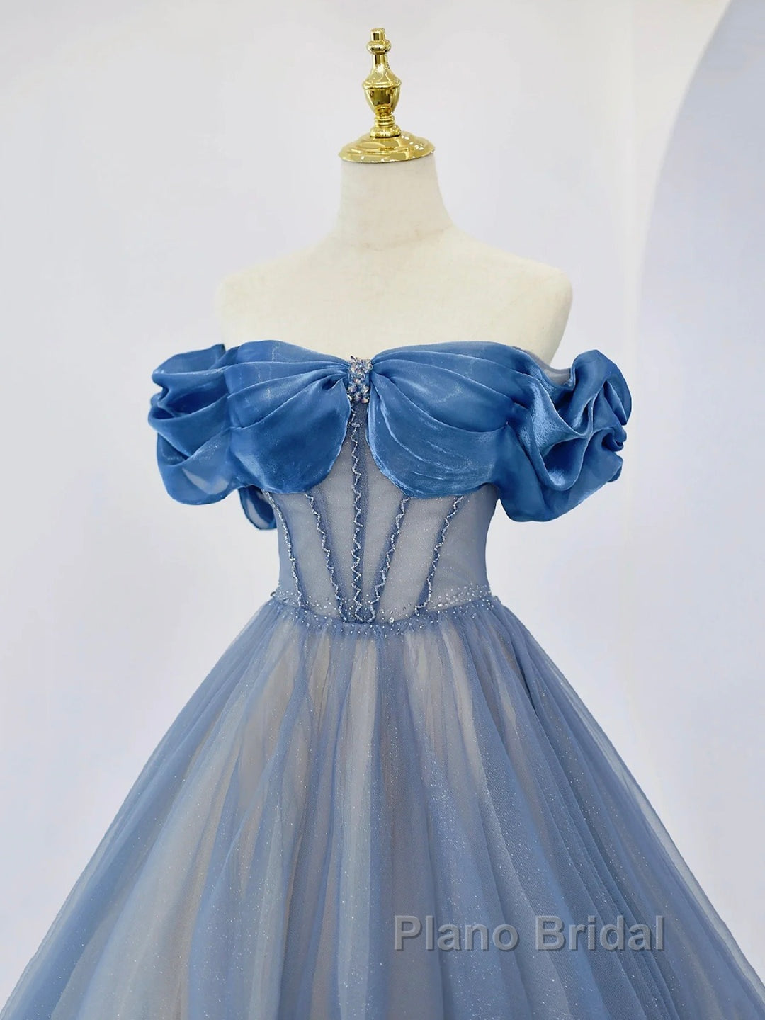 Blue Tulle Beaded Long Formal Prom Dresses, Off The Shoulder Evening Party Dresses