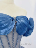 Blue Tulle Beaded Long Formal Prom Dresses, Off The Shoulder Evening Party Dresses