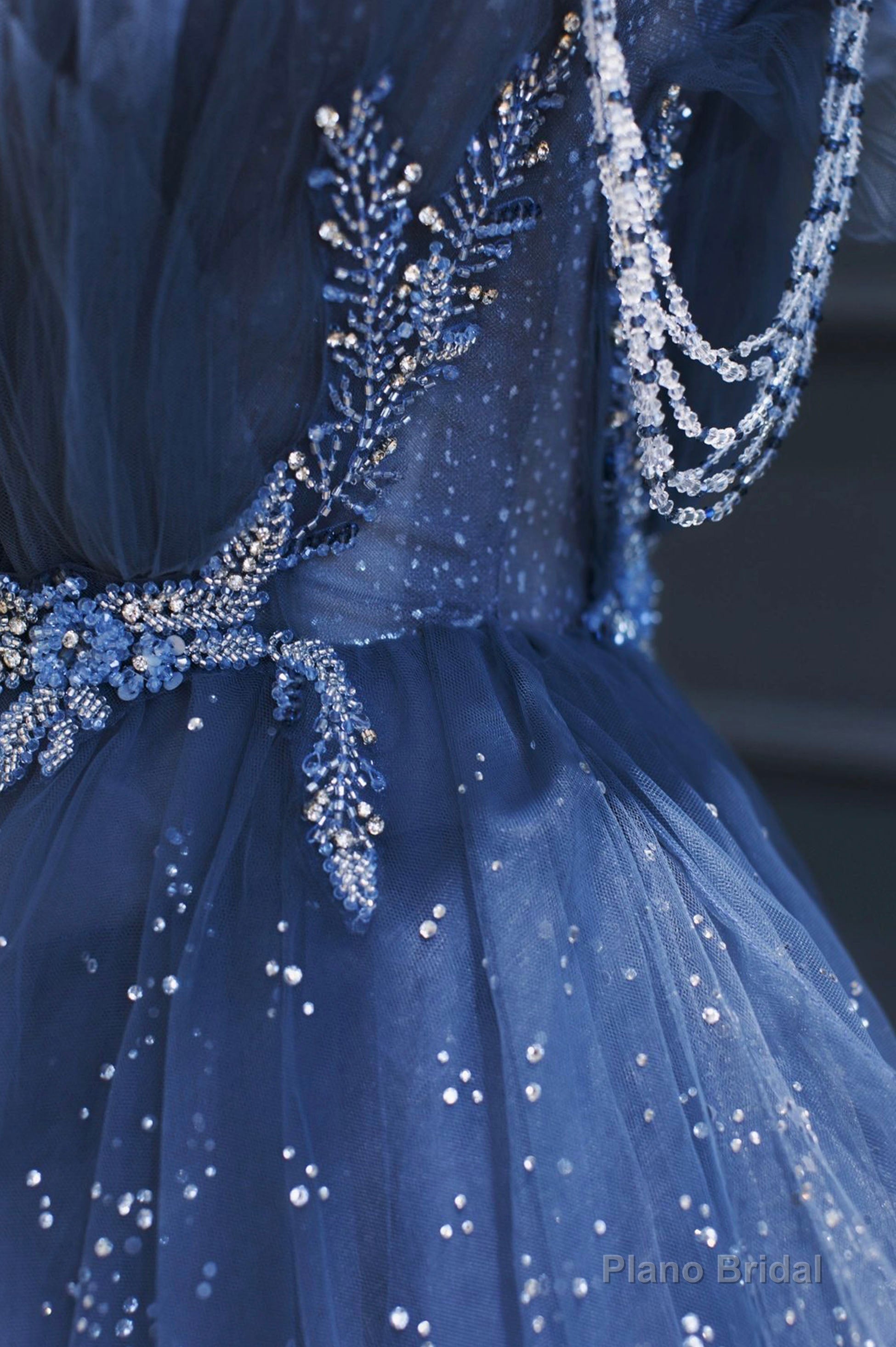 Blue Tulle Beaded Long Senior Prom Dress, A-Line Strapless Evening Party Dress
