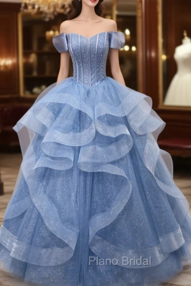 Blue Tulle Beading Off the Shoulder Formal Prom Dresses Main image