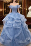 Blue Tulle Beading Off the Shoulder Formal Prom Dresses