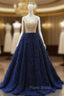 Blue Tulle Beading V-neck Formal Prom Dresses