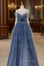 Blue Tulle Beads Long Ball Gown Dresses Blue Formal Dresses