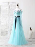 Blue Tulle Beads Long Prom Dress Blue Beads Evening Dress