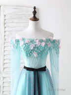 Blue Tulle Beads Long Prom Dress Blue Beads Evening Dress