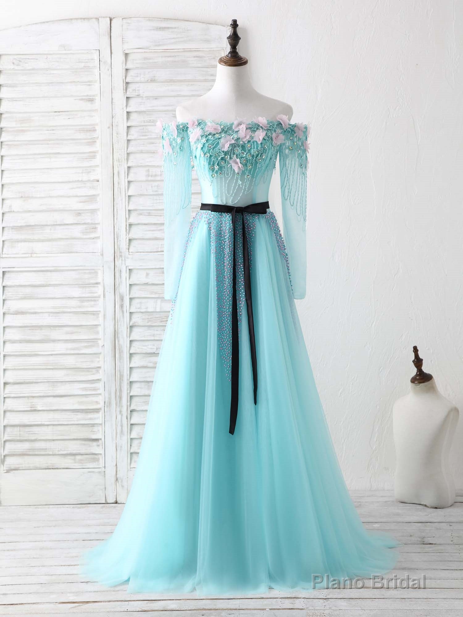 Blue Tulle Beads Long Prom Dress Blue Beads Evening Dress Secondary image