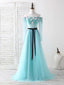 Blue Tulle Beads Long Prom Dress Blue Beads Evening Dress