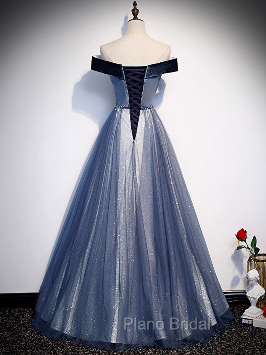 Blue Tulle Beads Long Formal Prom Dresses, Blue Tulle Formal Dresses Secondary image