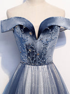 Blue Tulle Beads Long Formal Prom Dresses, Blue Tulle Formal Dresses