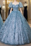 Blue Tulle Butterflu Short Sleeve Quinceanera Dresses