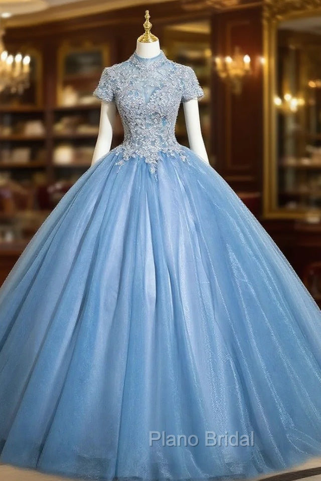 Blue Tulle Cap Sleeve Appliques Quinceanera Dresses Main image
