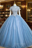 Blue Tulle Cap Sleeve Appliques Quinceanera Dresses