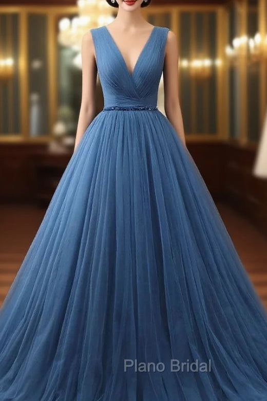Blue Tulle Deep V-neck Pleats Beading Formal Prom Dresses