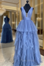 Blue Tulle Deep V-neck Pleats Formal Prom Dresses