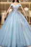 Blue Tulle Embroidery Sequins Off the Shoulder Quinceanera Dresses