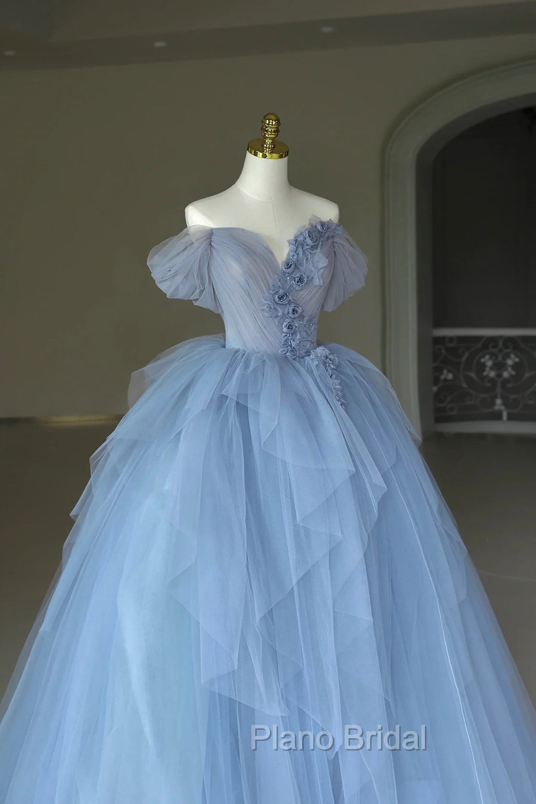 Blue Tulle Floor Length Formal Prom Dresses, Off the Shoulder Evening Dresses with 3D Flowers