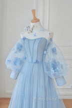 Blue Tulle Flowers Long Formal Prom Dresses, Lovely A-Line Puff Sleeve Evening Dresses