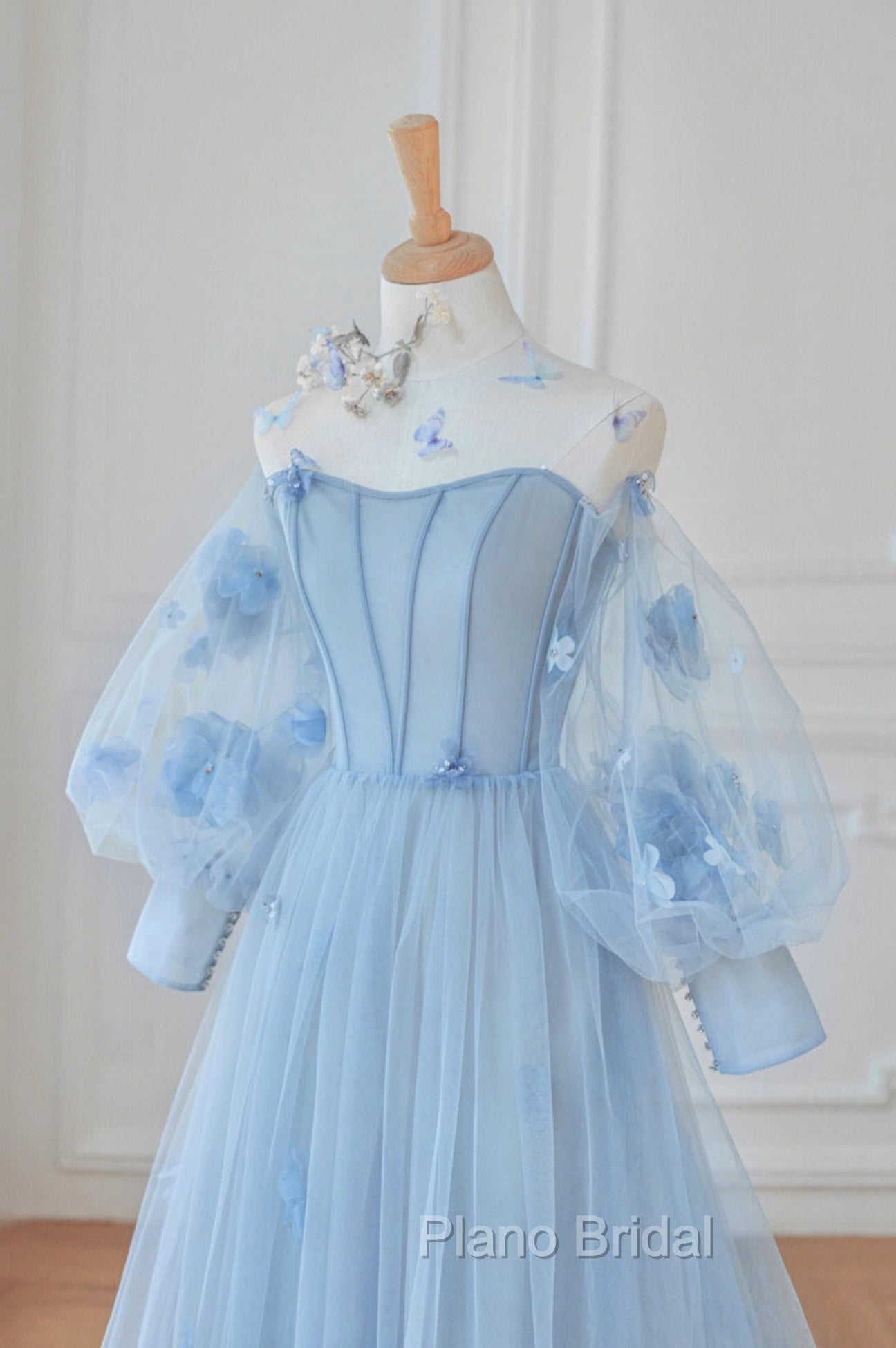 Blue Tulle Flowers Long Formal Prom Dresses, Lovely A-Line Puff Sleeve Evening Dresses