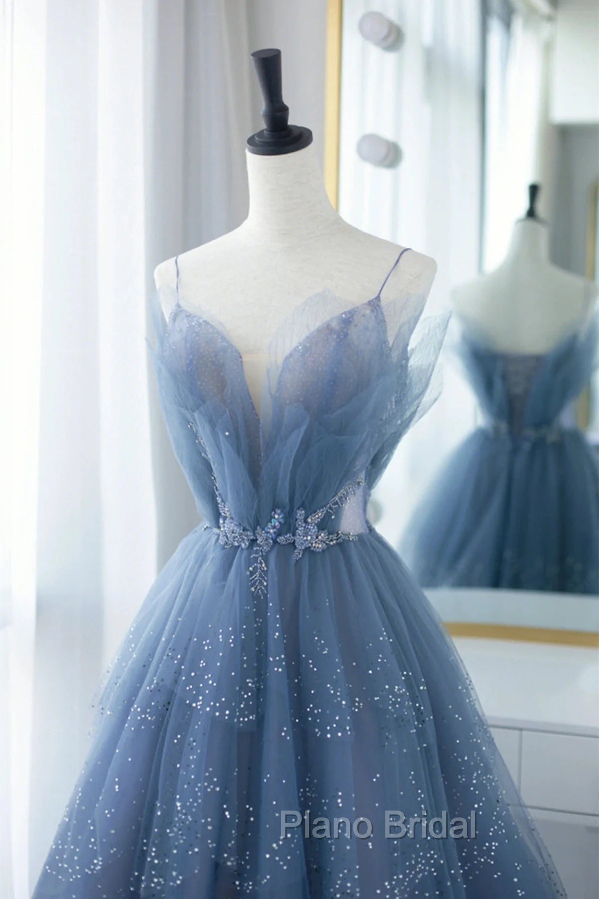 Blue Tulle Gorgeous V Neck Long Formal Prom Dresses, A-line Tulle Formal Evening Dresses Secondary image