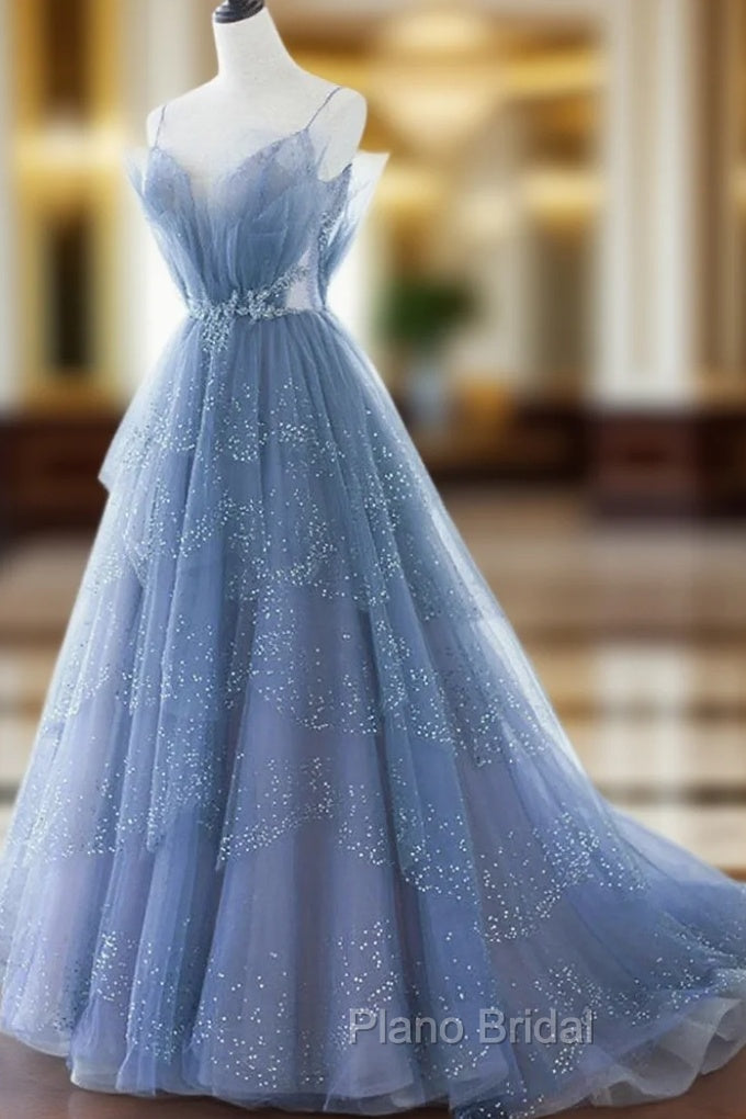 Blue Tulle Gorgeous V Neck Long Formal Prom Dresses, A-line Tulle Formal Evening Dresses
