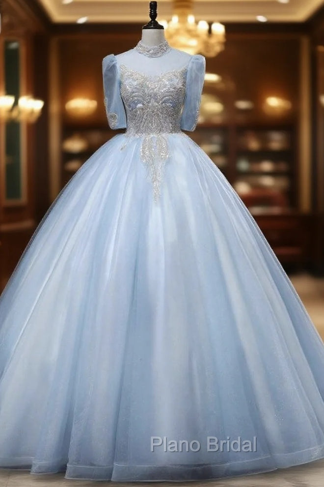 Blue Tulle High Neck Short Sleeve Beading Quinceanera Dresses Main image