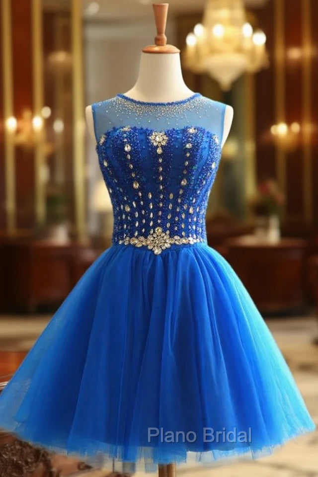 Blue Tulle Knee Length Backless Beading Homecoming Dresses Main image